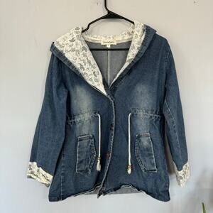 Davi & Dani Lace Detail Denim Jean Pea Coat w/ Hood Women's Size Small Hooded